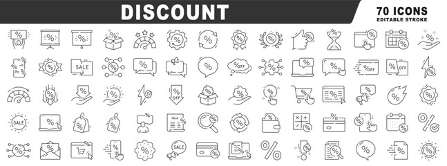 Discount line icons for sale, coupon promotion, price tags, ecommerce shopping, flash offers, badges, vouchers, editable outline stroke, vector set