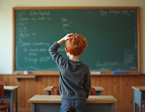 Young student stands at a classroom desk scratching their head in confusion while looking at a chalkboard filled with equations.