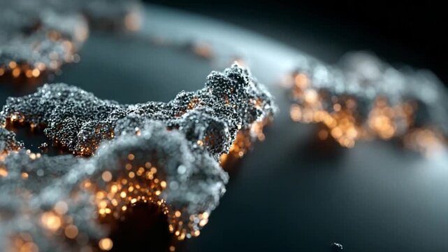 Geographical Data Visualization: A captivating close-up reveals a 3D representation of a landmass, illuminated by bright points of light against a dark, mysterious backdrop.
