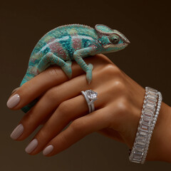 Chameleon on Hand with Ring and Diamond Bracelet