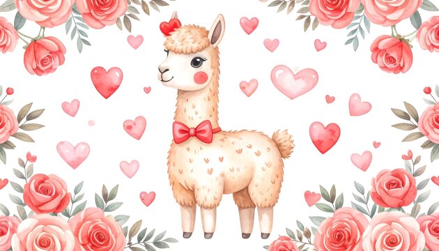 Cute llama surrounded by roses and hearts
