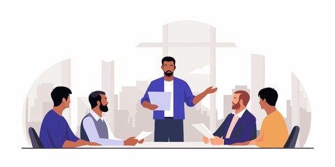 Diverse group of men in a modern office meeting discussing documents and collaborating on a project