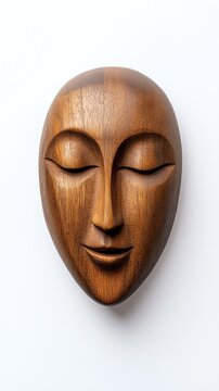 Elegant wooden mask with serene expression, highlighting craftsmanship in cultural art, isolated on white background.