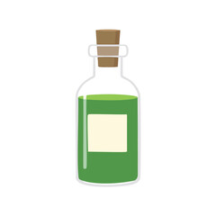 Green liquid filled glass bottle with cork stopper and label vector