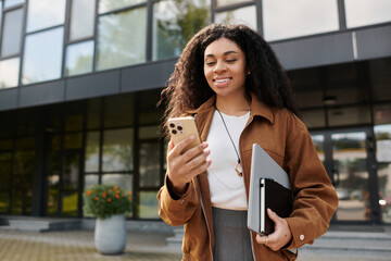Expressing joy in autumn style with a stunning suede jacket and curly hair