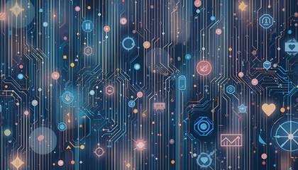 Intricate digital circuit board background with glowing lines and various social media icons, representing digital communication and online interaction