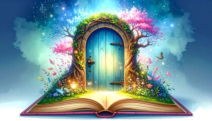 Enchanted door in open book, vibrant colors, magical scene