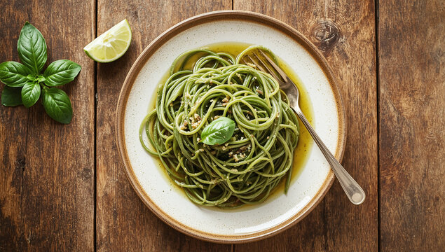 Healthy Italian cuisine with spirulina pasta and basil leaves drizzled with olive oil on ceramic rustic plate