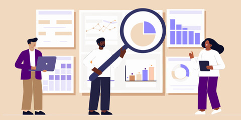 Diverse team analyzing charts and graphs with a magnifying glass for business insights