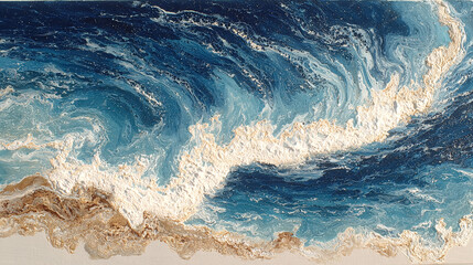 A vast abstract seascape with a massive swirling brown pattern overtaking the blue.