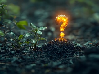 A glowing question mark emerges from dark soil symbolizing mystery and growth alongside tiny green seedlings