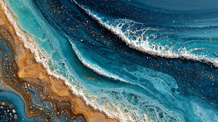 A vast abstract seascape with a massive swirling brown pattern overtaking the blue.