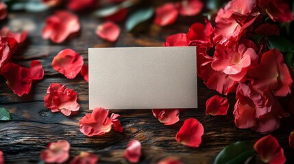 Blank card on dark wood with scattered red rose petals suitable for messages of love sympathy or remembrance