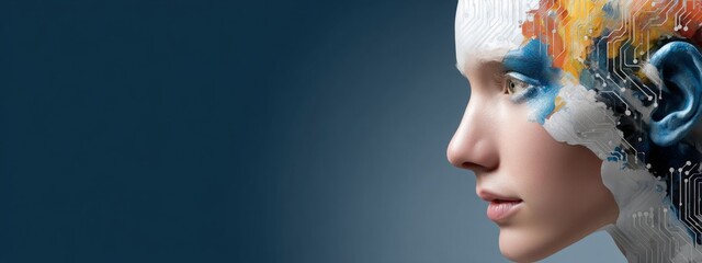 Human face blended with digital circuit patterns, symbolizing the fusion of technology and humanity