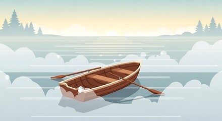 Rowboat on Misty Lake Sunrise.