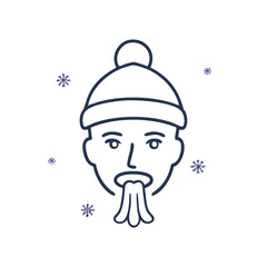 Person wearing hat exhaling cold air with snowflakes face exhale
