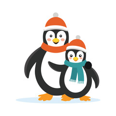 Two cute penguins wearing winter hats and scarves vector