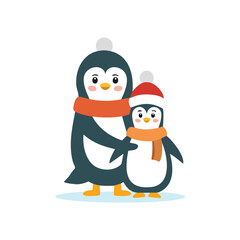 Two cute penguins wearing scarves and hats cartoon animal