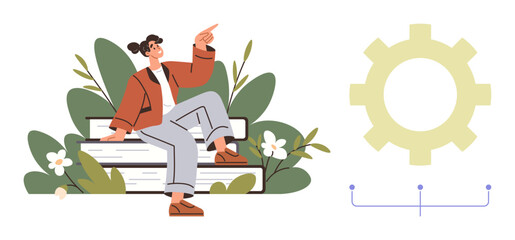 Woman seated on stacked books in lush greenery, gesturing forward near simplistic gear diagram. Ideal for education, innovation, growth, motivation, creativity, learning development. A simple flat