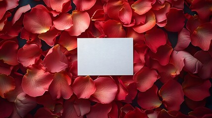 Blank card surrounded by red rose petals conveying messages of love or farewell