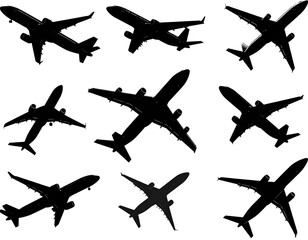 Airplane silhouettes set, Black airplane silhouettes, Set of black plane silhouette