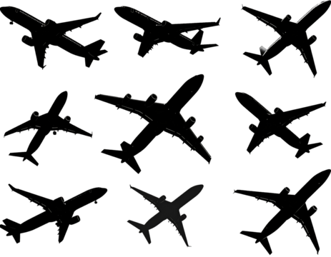 Airplane silhouettes set, Black airplane silhouettes, Set of black plane silhouette - Powered by Adobe