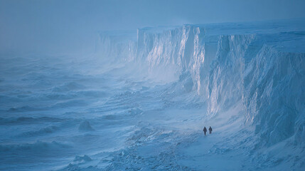 A vast Antarctic glacier with a massive, geometric blue void in the ice, under a troubled, melancholic sky.