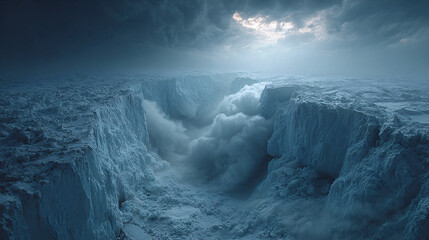 A vast Antarctic glacier with a massive, geometric blue void in the ice, under a troubled, melancholic sky.