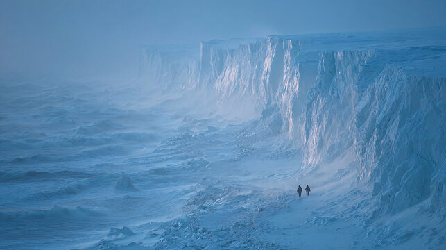 A vast Antarctic glacier with a massive, geometric blue void in the ice, under a troubled, melancholic sky.