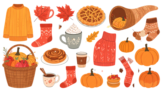 Autumn set with cute elements of . Hand drawn flat cartoon