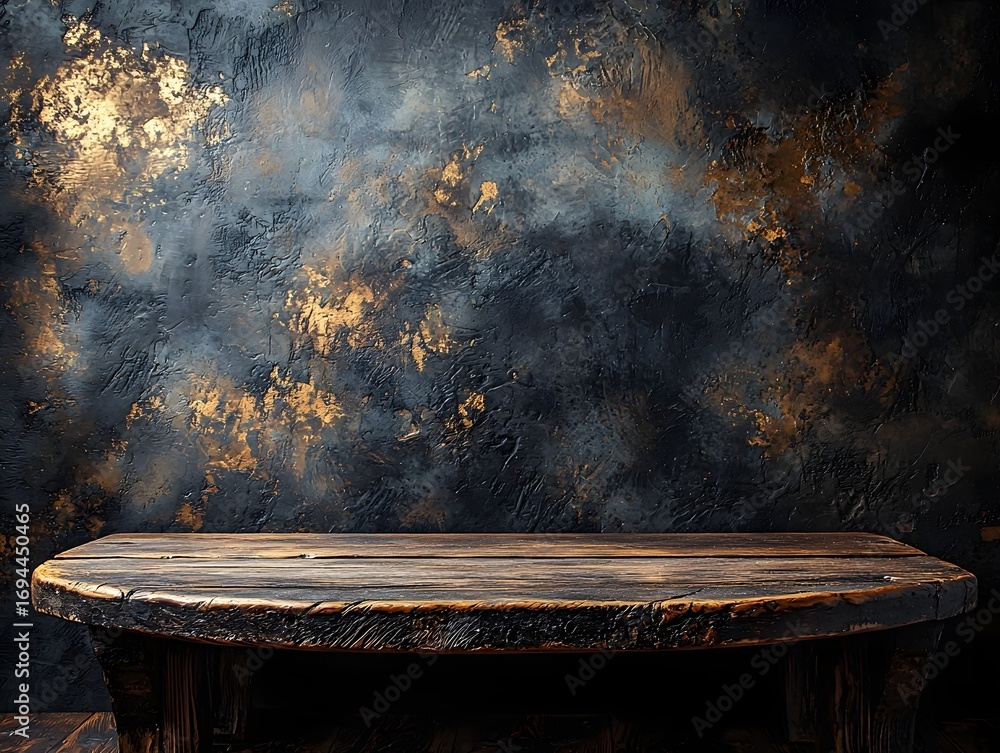 Poster a dark rustic wooden table with an antique textured wall backdrop offering empty space for display