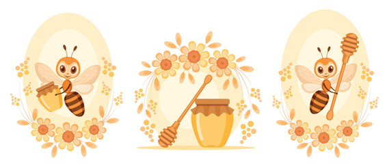 Set of vector illustrations in a childish style with a jar of honey and a bee with a spoon on a background of flowers. Suitable for advertising banners, packaging, honey labels and children's projects