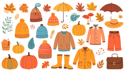 Autumn set with cute elements of . Hand drawn flat cartoon