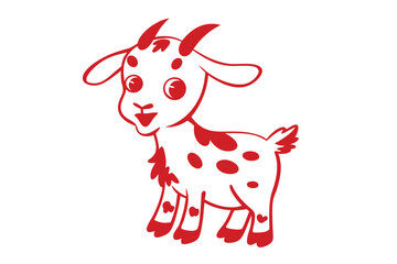Smiling cartoon goat with red spots stands joyfully on white background, ready for fun
