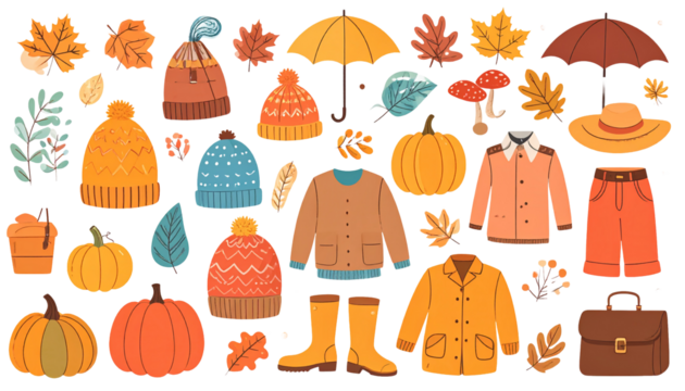 Autumn set with cute elements of . Hand drawn flat cartoon