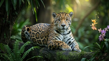 Majestic jaguar rests on a mossy branch amidst lush tropical rainforest foliage