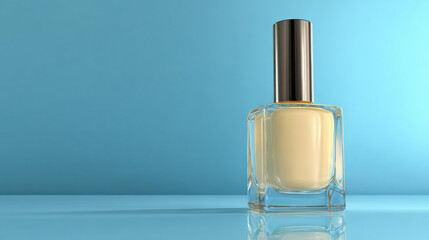 Clear glass bottle of nail polish with silver cap sits against light blue background, showcasing its soft yellow hue. elegant design highlights product beauty and appeal