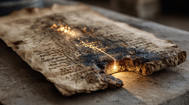 Vintage cracked parchment with a forgotten chemical diagram, illuminated by a validating beam of light.