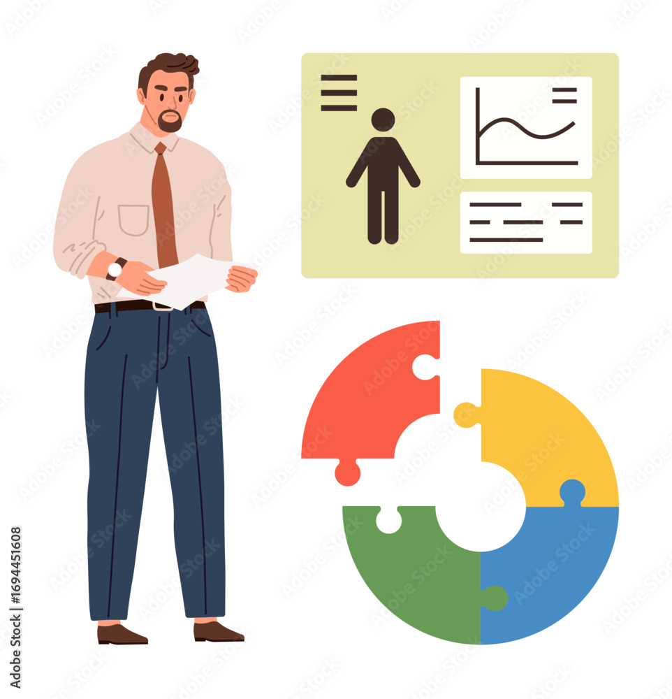 Aufkleber man holding paper, standing near pie chart and infographic with person icon and data graph. ideal fo