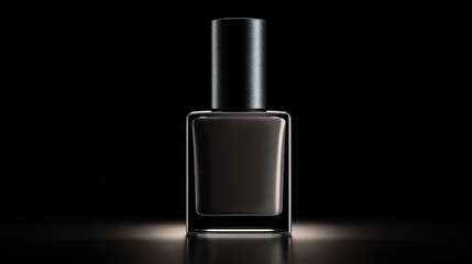 Dark grey nail polish bottle illuminated against low key background, showcasing its sleek design and glossy finish. lighting highlights contours and elegance of bottle, creating dramatic effect