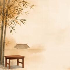 Traditional Asian Bamboo Landscape with Wooden Table Background.