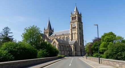Fototapeta premium Church with sunny day, road, and green trees.
