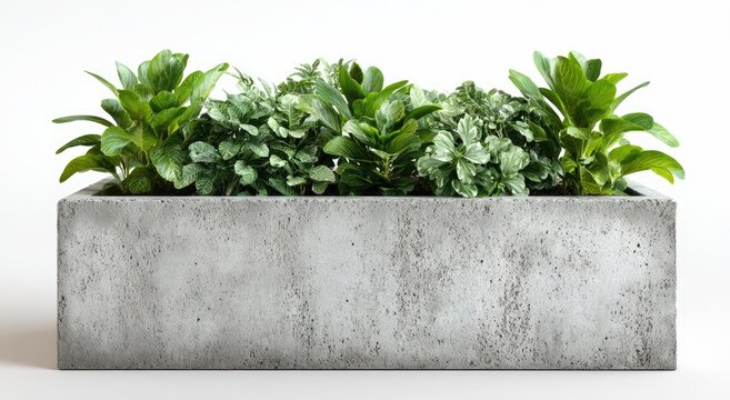 Gray concrete planter box filled with lush greenery