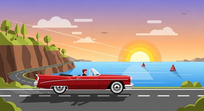 Fototapeta Sunset Coastal Drive Classic Car.