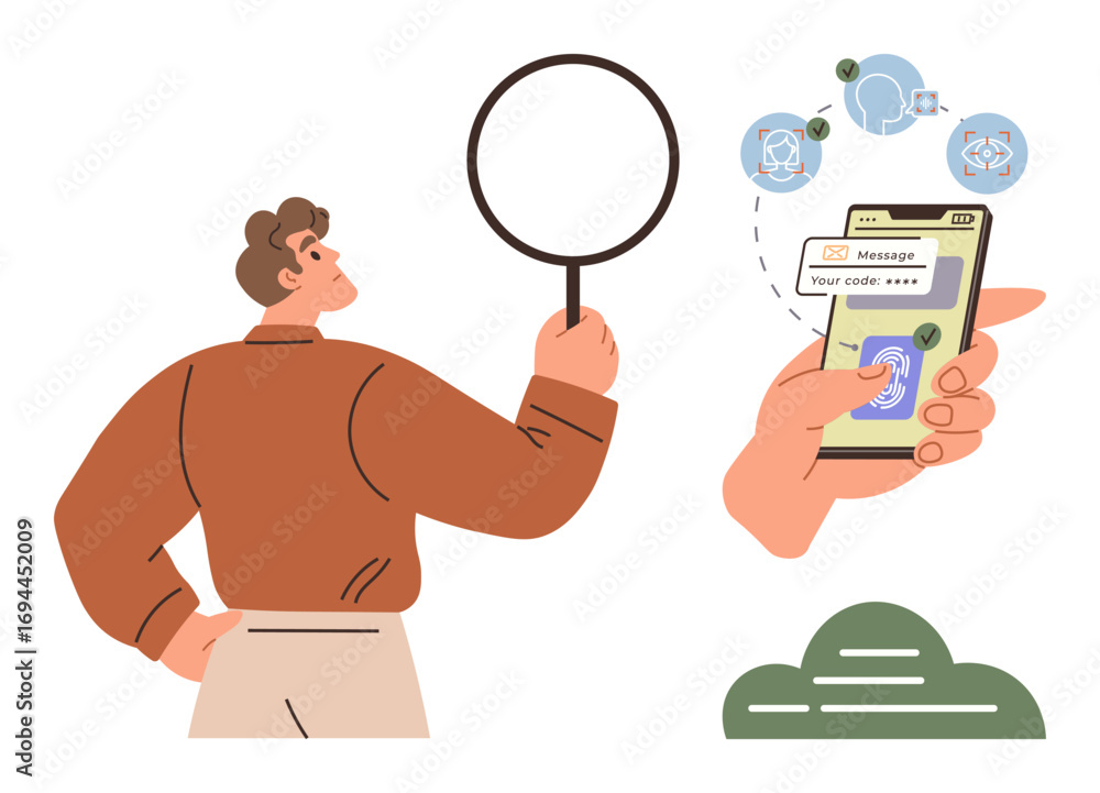 Poster man holding magnifying glass representing inspection and analysis. smartphone with security code hig