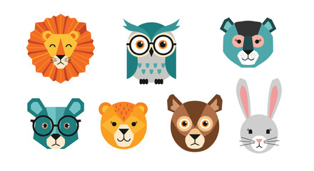 Fototapeta premium Cute woodland animal faces set featuring lion owl bear rabbit and more for kids