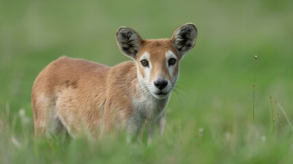 Fototapeta premium A young deer stands alertly in a lush green field with soft focus background