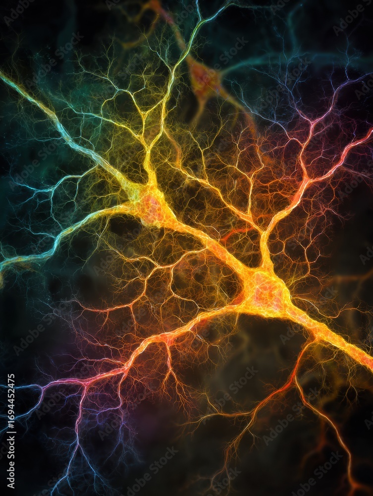 Poster colorful neural connections illuminated against a dark backdrop showcasing intricate patterns and st