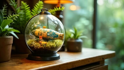 Landscape of green plants inside a transparent sphere