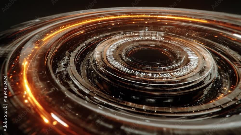 Poster spiral of technology: intricate metallic structure illuminated with warm orange light swirls creatin